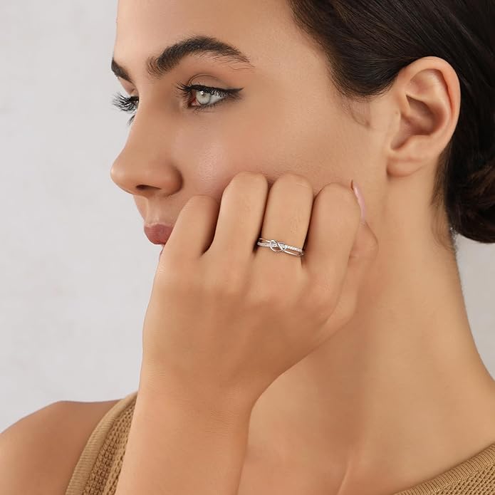 OOOPEL Sterling Silver Adjustable Ring S925 Silver Rings for Women Cubic Zirconia Twist Love Knot Dainty Ring Silver Minimalist Open Finger Rings Silver Thumb Sterling Silver Ring