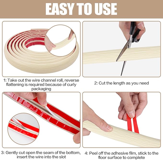 Floor Cord Cover Self Adhesive Cord Hider,10FT Cable Management, Extension Strip Protector for Wires, Prevent Cable Trips for Offices, Gyms, Exhibitions Cavity:0.3"(W) x 0.28"(H) Yellow Wood