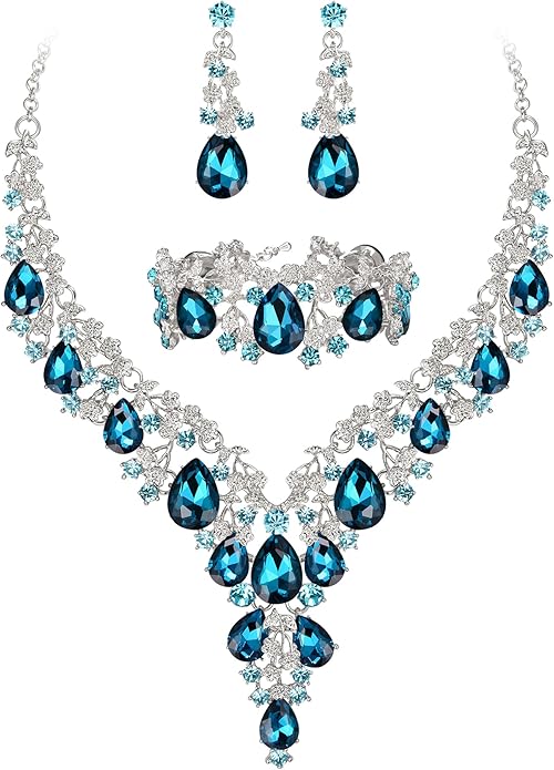 BriLove Women's Wedding Bridal Austrian Crystal Teardrop Flower Cluster Statement Necklace Dangle Earrings Jewelry Set for Party Prom