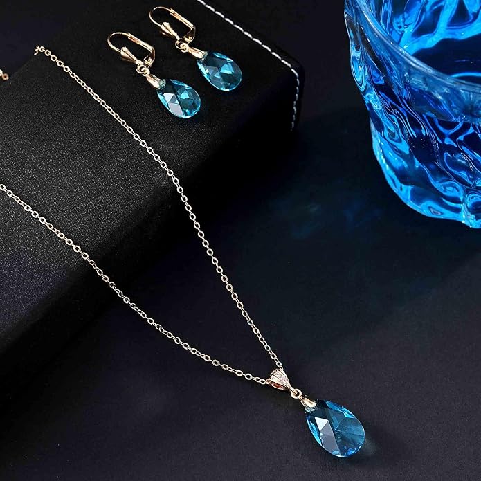 EVEVIC Austrian Crystals Teardrop Pendant Necklace Earrings for Women 14K Gold Plated Hypoallergenic Leverback Drop Dangle Earrings Jewelry Set
