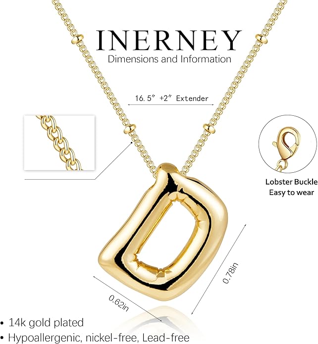 Inerney Valentines Day Gifts Gold Bubble Letter Necklace Initial Necklaces for Women, Chunky 14K Plated Balloon Initials, Trendy Charm Non Tarnish Custom Name Pendant Jewelry Gifts for Mom