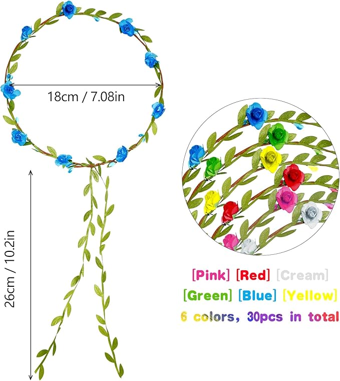 30 Pcs Assorted Colored Flower Crown Bohemian Floral Garland Headbands Multicolor Headband Garland Wreath Green Leaves Decor for Women Wedding Birthday Fairy Party Favor Supplies