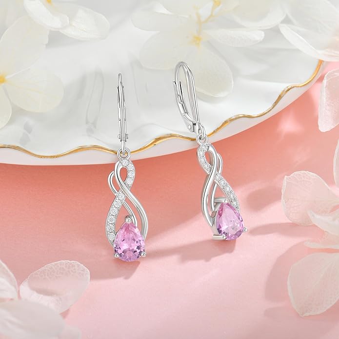 Infinity Love Birthstone Earrings for Women 925 Strling Silver 5A Cubic Zirconia Dangle Drop Leveback Earrings Jewelry Birthday Christmas Day Gifts for Her