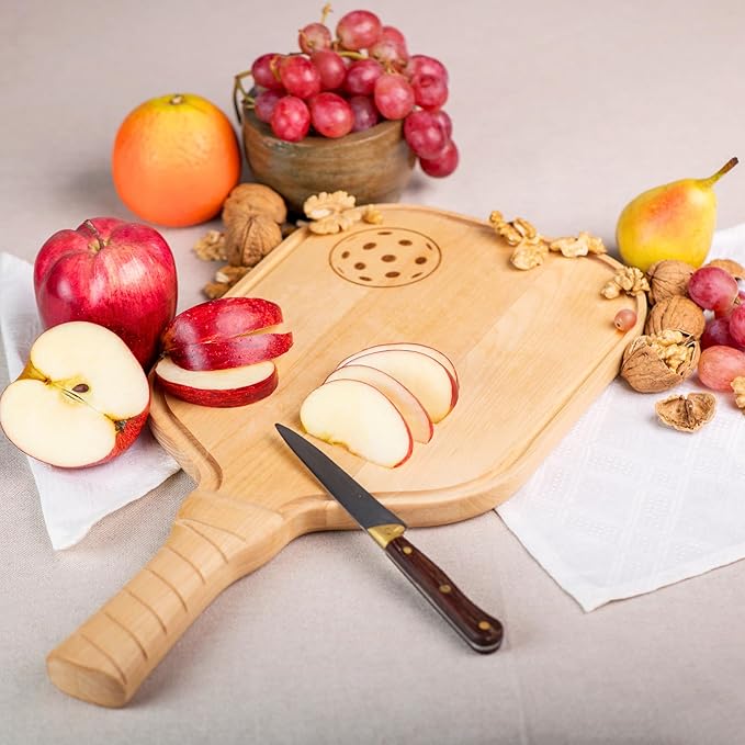Pickleball Charcuterie & Cutting Board, Pickleball Gift, Partner Size - 17 x 8.5 x 0.75”, Birch Wood, Paddle Shape with Handle, Mineral Oil Finish