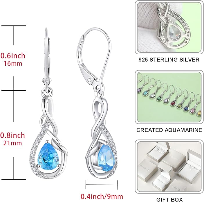Starchenie Infinity Dangle Drop Earrings Sterling Silver Leverback Earrings Gemstones Twisted Jewelry