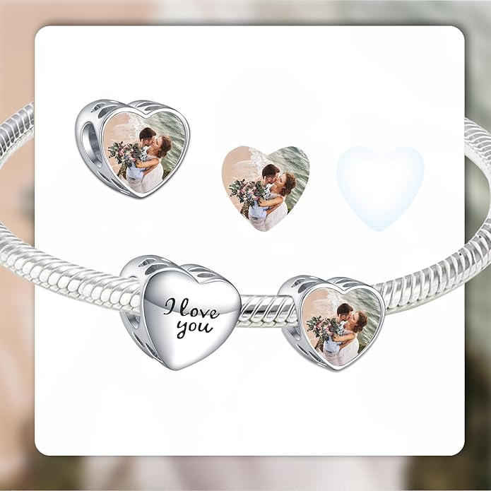 Annmors Personalized Photo Charm for Bracelet Necklaces,925 Sterling Silver Charm Love Heart Shaped Engraved Customize Picture Gift for Birthday Mother's Day Christmas,Bead Charms Jewelry for Women
