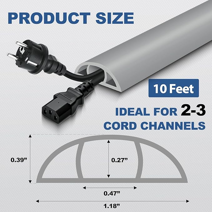 Floor Cord Cover for Wires on Floor Self Adhesive Cord Hider Floor Cable Management Wire Covers for Cords Protector Prevent Cable Trips Cord Cavity W 0.47" x H 0.27", Gray, 10Ft