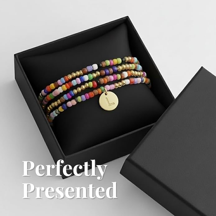 Set of 4 Colorful Bead Initial Bracelets, Personalized Stackable Jewelry, Adjustable Stretchy Charm Bracelets for Women, Beaded Bracelet Set, Trendy Custom Jewelry Gift