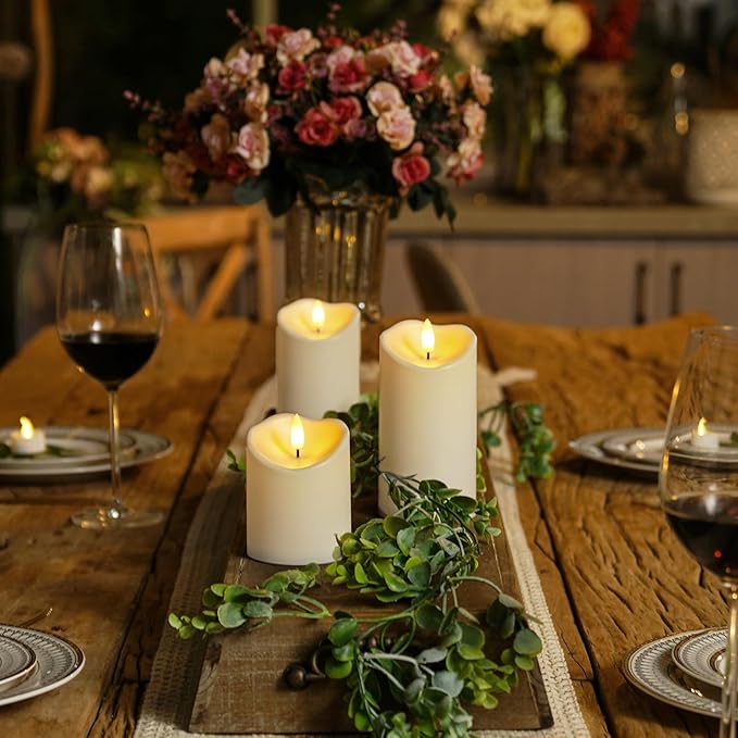 Homemory Outdoor Waterproof Flameless Candles, LED Candle with Remote and Timer, Battery Operated Candles, Electric Fake Plastic Candles, Ivory White, Set of 3
