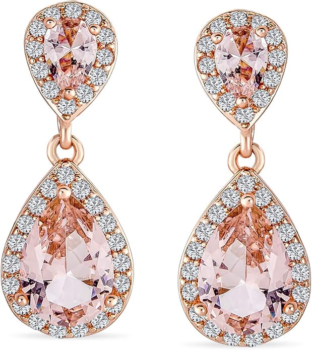 Vintage Style Bridal Cubic Zirconia Simulated Gemstone AAA CZ Halo Dangle Teardrop Chandelier Clip On Earrings For Women Silver Rose Gold Plated in Black Purple Blue Red Rose Pink Green Clear
