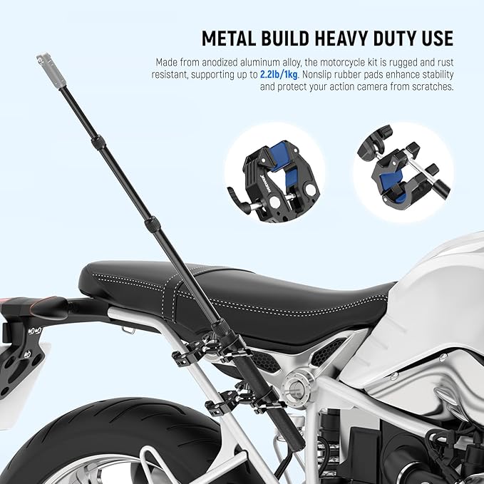 NEEWER Motorcycle Camera Mount Kit, Bicycle Handlebar Invisible Selfie Stick, 360° Ball Heads, Super Clamps & Cleaning Cloth, Compatible with GoPro Insta360 DJI AKASO Action Cam Video Recording, GP-30
