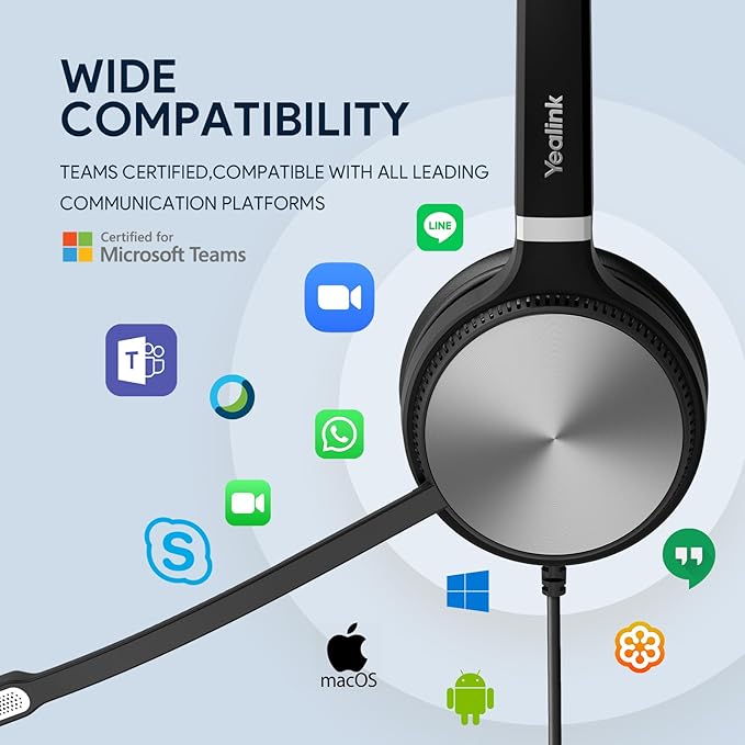Yealink UH36 Professional USB Headset, Wired Headphones for Computer PC Laptop Work Headset with Noise Canceling Mic for Call and Music（for Teams Certified, Stereo,3.5mm Jack/USB Connection）