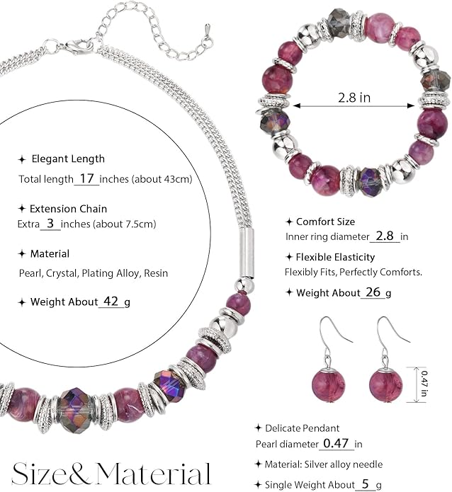 PEARL&CLUB Silver Beaded Statement Necklaces for Women Chunky Bead Necklace Bracelet and Earring Costume Jewelry Sets Gifts for Mom