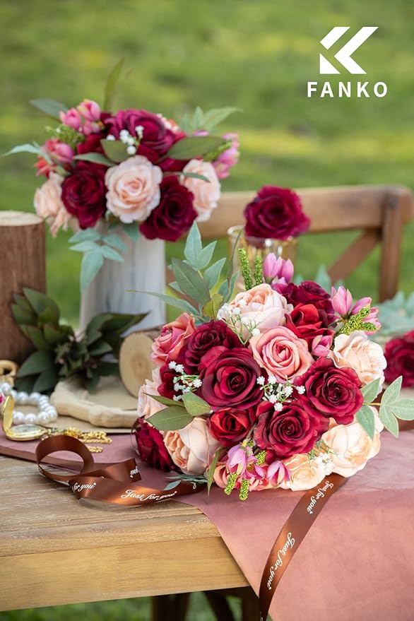 FANKO Rose Artificial Flowers Combo for DIY, Fake Red Rose Silk Flowers Greenery, Faux Flowers for Wedding Bridal Bouquet, Baby Shower, Table Centerpieces, Floral Arrangement, Party Home Decoration