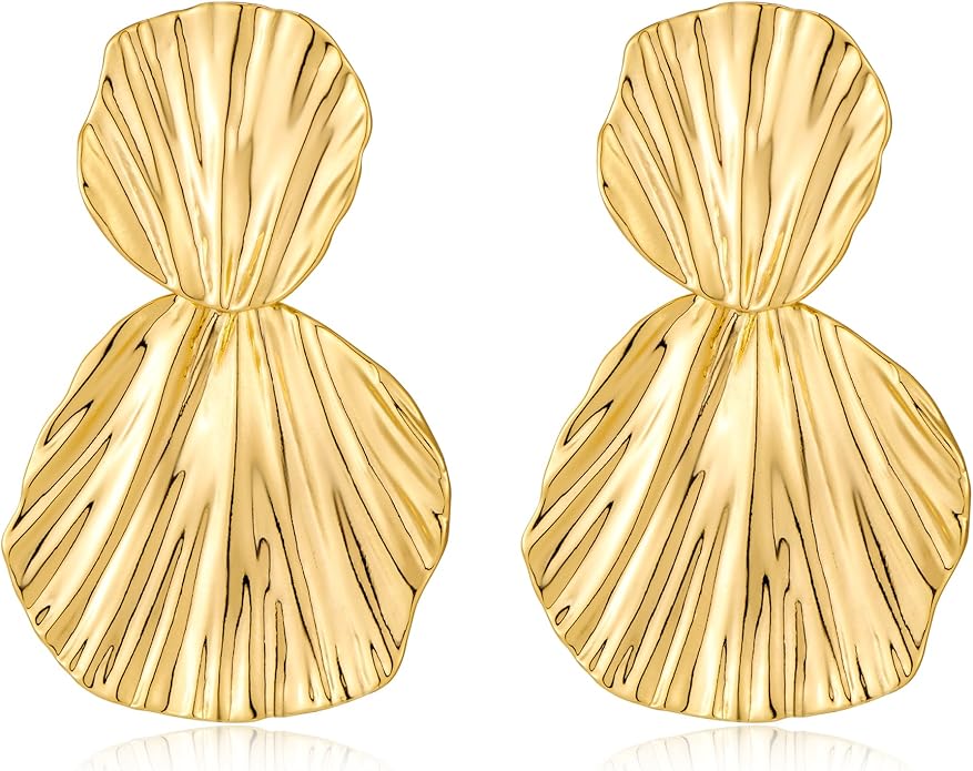 Gold Plated Earrings Dangle Chunky Fan-shaped Earrings Shell Earring for Women Two-Tone Fashion Statement Jewelry