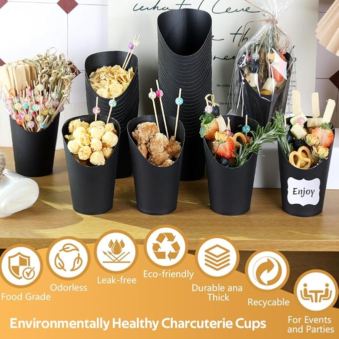 100 Sets 12 oz Black Charcuterie Cups with Sticks, 300 Picks + 100 Bags + 100 Labels, Individual Charcuterie Cups, Paper Snack Cups Disposable French Fry Cups for Parties, Catering