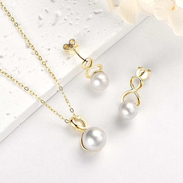 Sterling Silver Pearl Jewelry Set with Shiny Moissanite, Real Freshwater Pearl Earrings Necklace for Women, Wedding Jewelry for Brides Bridesmaid, Mother's Day