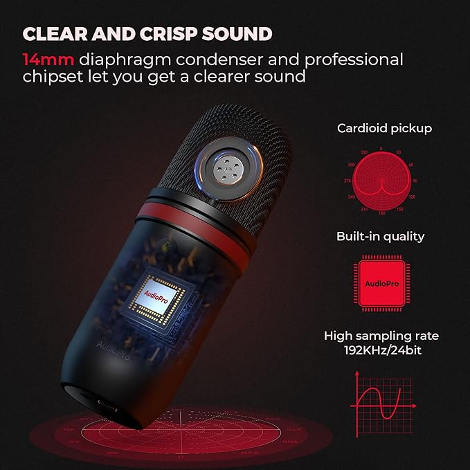 AUDIOPRO USB Microphone, Computer Condenser Gaming Mic for PC/Laptop/PS4/5, Headphone Output, Volume Control, USB Type C Plug and Play, LED Mute Button, for Streaming, Podcast, Studio Recording