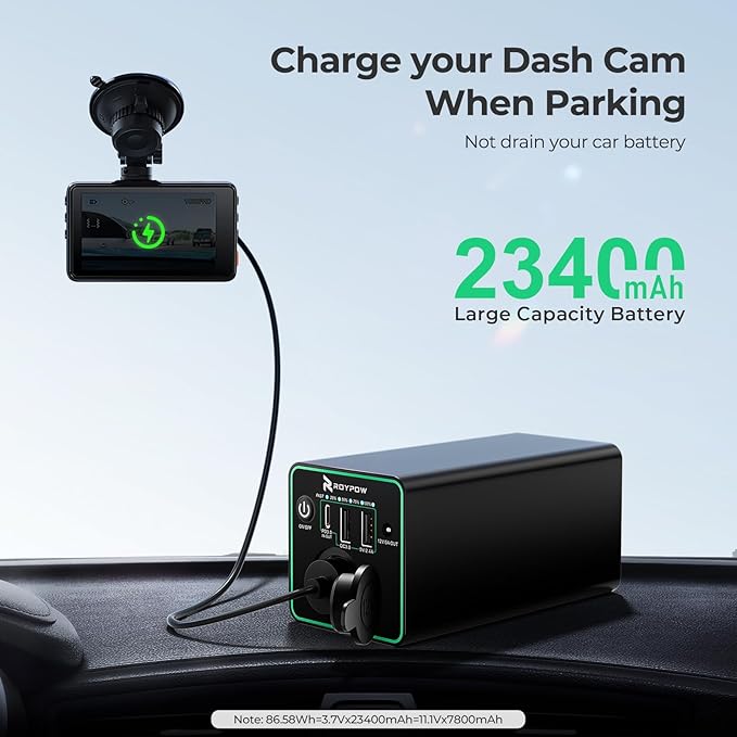 RoyPow 30W PD Portable Charger with 12V 10A Constant Voltage Cigarette Lighter Socket, 86.58Wh USB C Laptop Power Bank, 18W QC & 12V DC Battery Pack, Perfect for Dash Cam Astrophotography or Camping
