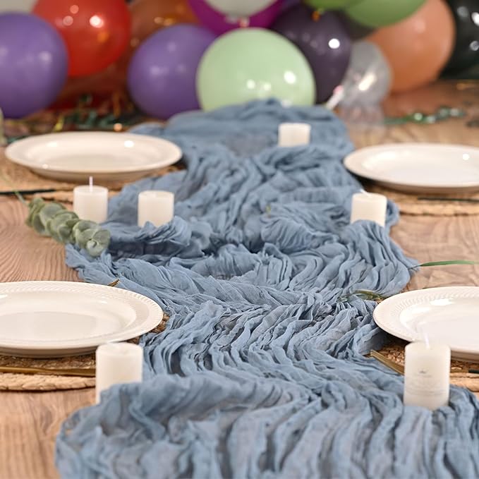 6 Pack Boho Gauze Cheesecloth Long Rustic Sheer Table Runner for Wedding, Bridal, Baby Shower, Birthday Party, Cake Table, Arbor Decorations (Dusty Blue)