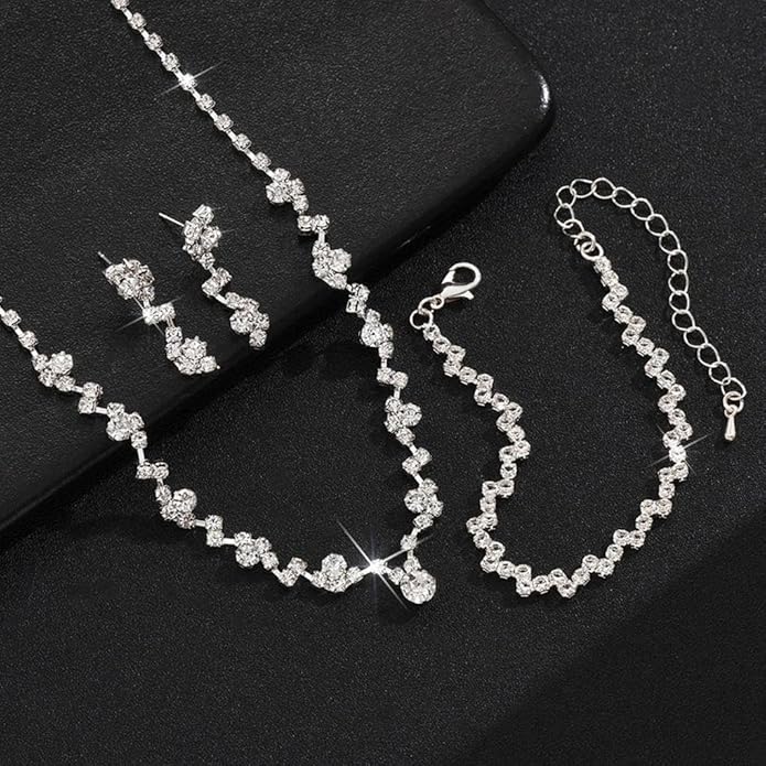 Bling Silver Jewelry Set for Women Trendy Wedding Jewelry Sets for Brides Sparkly Cubic Zirconia Necklace Earring Sets for Women Prom Accessories