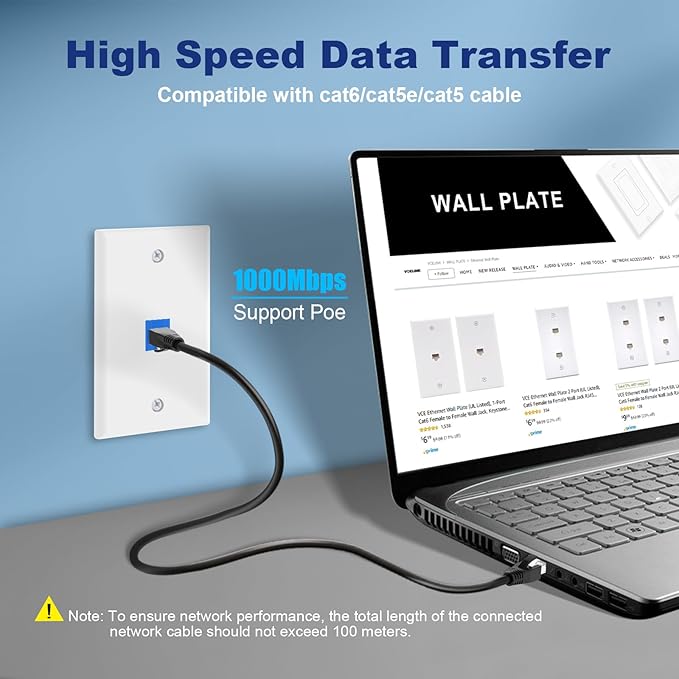 VCE Ethernet Wall Plate (UL-Listed) 1-Port, Keystone Jack Wall Outlet with CAT6 Keystone Inline Coupler Insert and Low Voltage Mounting Bracket 1 Gang, Blue 2-Pack