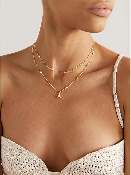 Initial Necklaces for Women, Dainty 14K Gold Plated Layered A-Z Letter Pendant Necklace Trendy Cute Choker Name Charm Necklace Stack Personalized Jewelry Gift for Her Birthday Christmas Gift