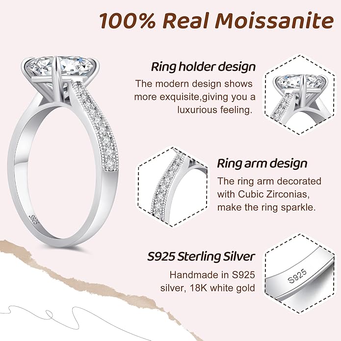 Moissanite Engagement Rings for Women,Promise Rings 925 Sterling Silver with 18K Yellow/White Gold Plated,D Color VVS1 Wedding Band Moissanite Ring 0.5/1/1.5/2/3/4CT