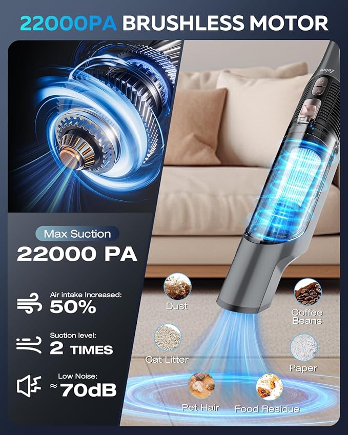 Zefiro Handheld Car Vacuum Cleaner, 22KPa Hand Held Vacuum Cordless Rechargeable with 2 HEPA Filters, 2 High Powerful Suction, 2 Nozzles, Portable Mini Dustbuster for Car, Home, Office, Pet Hair, S10