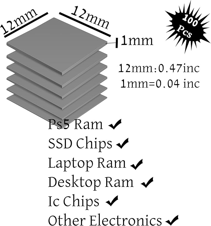 100 Pcs Pre-Cut Thermal Pads for Game Consoles, PS5 Ram, Memory, Computer Rams, Laptop IC Chips, Mosfets Coils Wide Applicable Pack of 100 / 12x12x1mm