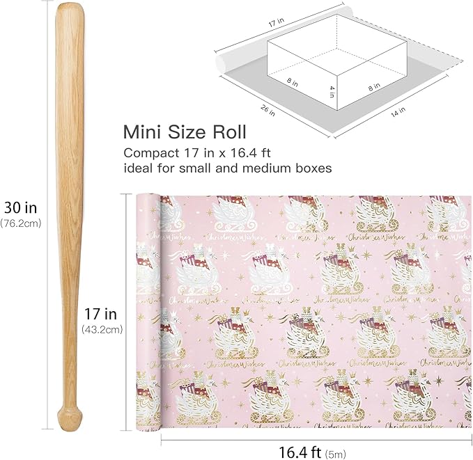 RUSPEPA Christmas Wrapping Paper Roll, Mini Roll, Pink Gold Foil Gift Wrap with Elegant Swan Sled, Presents and Christmas Wishes Design, Perfect for Girls, Women, Holiday Gift, 17 Inches x 16.4 Feet