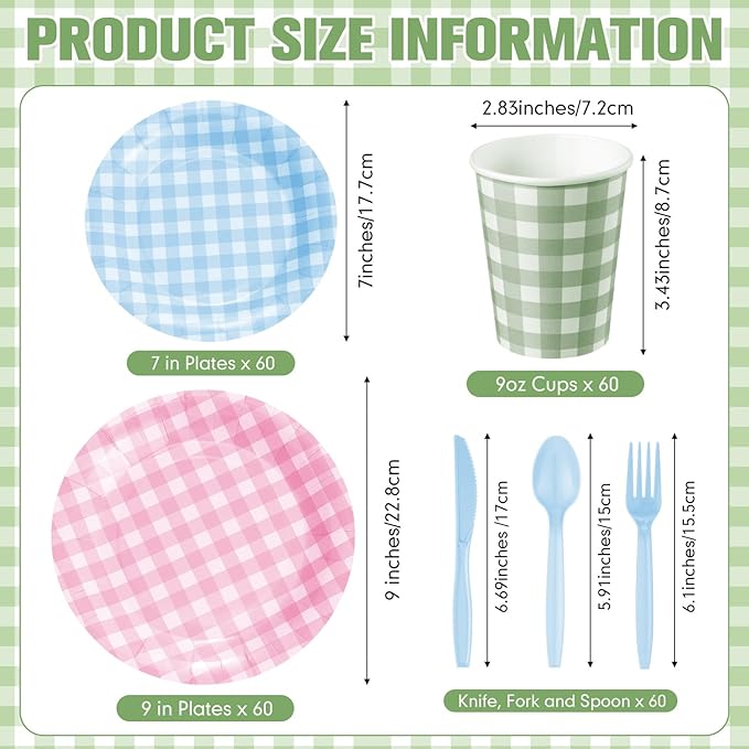 Havawish 360 Pcs Gingham Party Supplies for 60 Guests Checkered Disposable Paper Plates Cups Knife Fork and Spoon Plaid Dinner Plates Tableware Set for Picnic Wedding Birthday