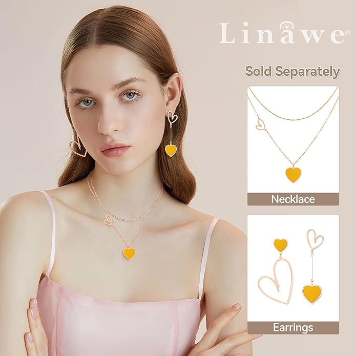 Linawe Layered Choker Heart Pendant Necklace for Women Trendy, Gold/Silver/Rose Gold Chain Stainless Steel Stacked Necklaces, Double Heart Necklace Y2K Preppy Jewelry