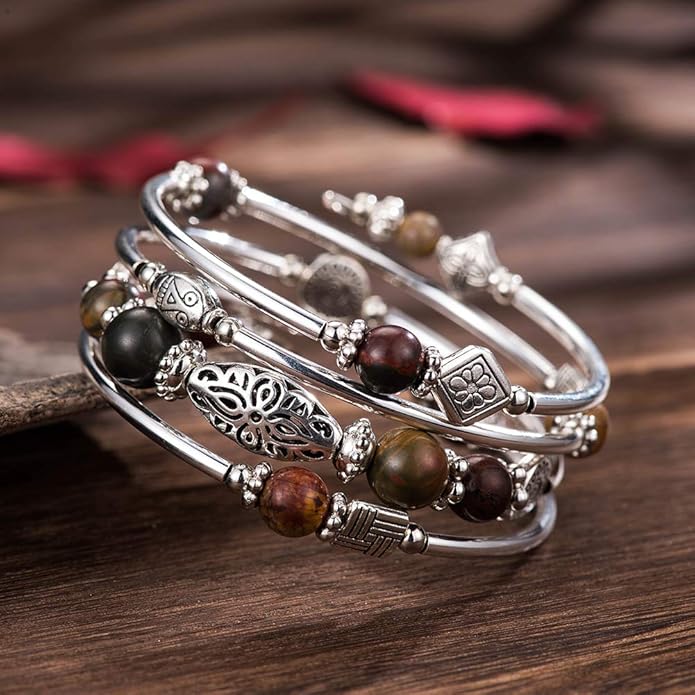 BULINLIN Layered Wrap Bangle Turquoise Bracelet - Bead Bracelet with Natural Agate Stone, Gifts For Women