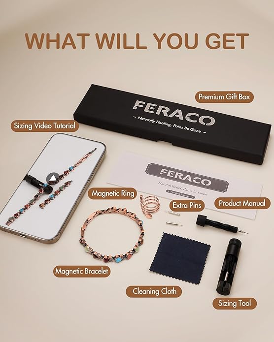 Feraco Pure Copper Bracelets & Rings for Women, Ultra Strength Magnetic Bracelet with 3800 Gauss Magnets & Natural Turquoise & Stones, Adjustable, Jewelry Gift