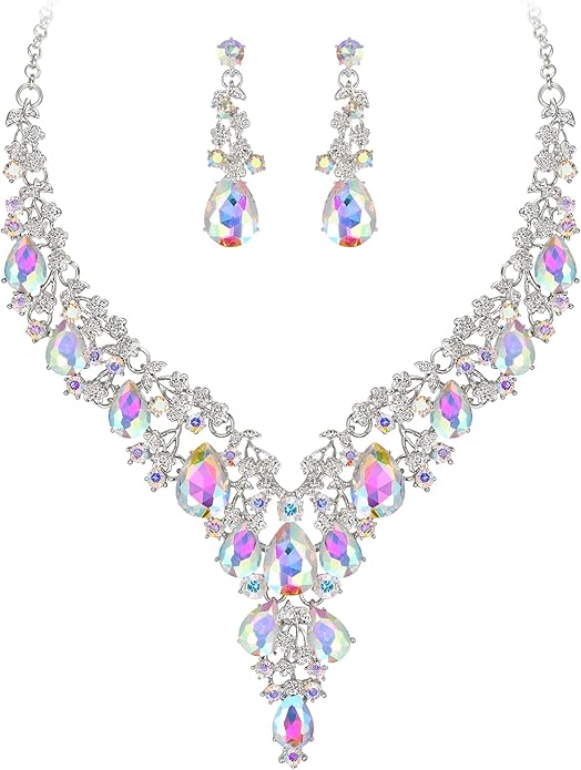 BriLove Women's Wedding Bridal Austrian Crystal Teardrop Flower Cluster Statement Necklace Dangle Earrings Jewelry Set for Party Prom