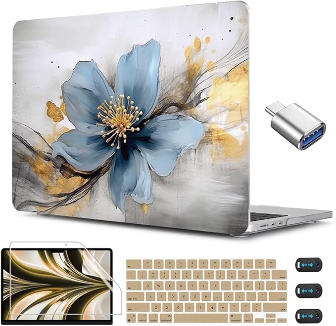 CISSOOK for MacBook Air 13.6 inch Case 2025 2024 2023 2022 Release Model A3240 A3113 A2681, Laptop Hard Shell Cases with Keyboard Cover Type C Adapter for MacBook Air 13 M2 M3 M4, Retro Golden Floral
