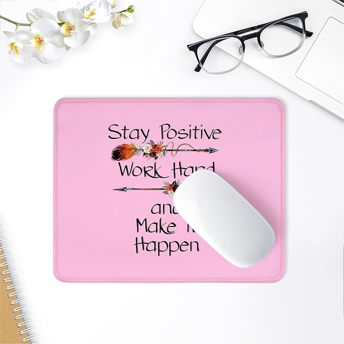 ITNRSIIET Mouse Pad with Stitched Edge Premium Textured Smooth Precise Operation Waterproof Washable Non-Slip Rubber Base Desktop Protection Mat, 10.2×8.3×0.12 inches, Inspirational Quote Pink