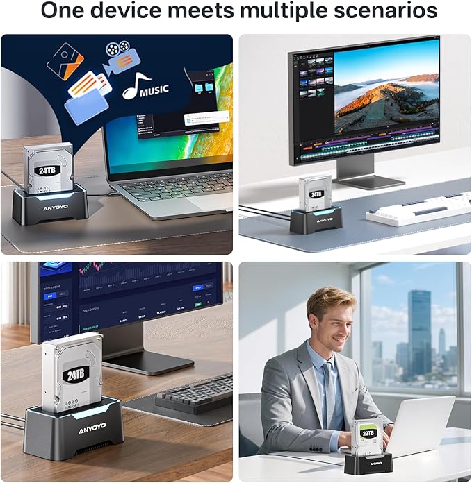 USB-C Hard Drive Docking Station, 2.5"/3.5" Inch SATA Enclosure with Cable, Speed up to 5Gbps, Tool-Free USB 3.0 to SATA External Hard Drive Dock with 12V/2A Power. Support up to 24TB