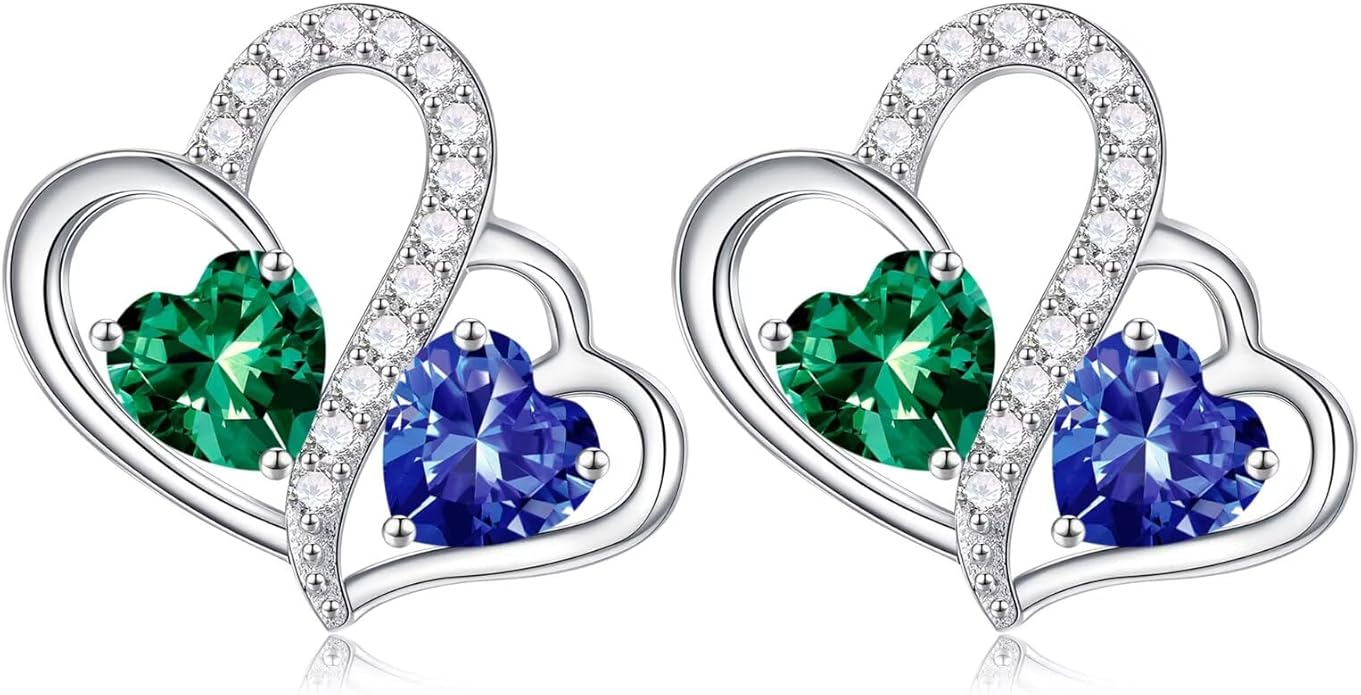 Iefil Valentines Day Gifts for Her - Birthstone Earrings Gift for Women, 925 Sterling Silver Double Heart Birthstone Earrings | Anniversary Birthday Gifts for Women, Personalized Jewelry for Wife Mom