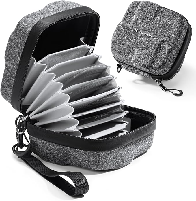 K&F Concept 10 in 1 Lens Filter Case, Hard Shell Camera Filter Pouch Up to 82mm with Hand Strap, Waterproof Camera Lens Filter Storage Wallet for ND UV CPL Filter Pouch