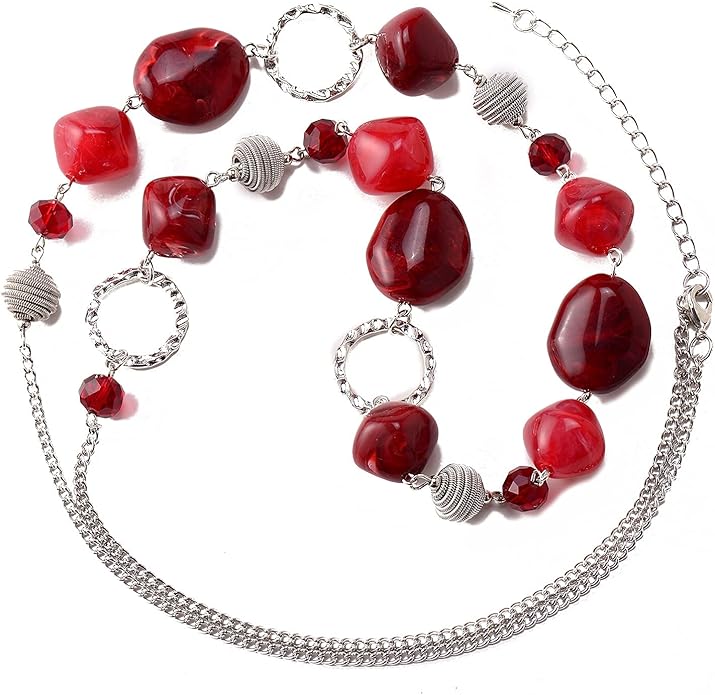 BULINLIN Beaded Long Necklace for Women Silver Sweater Chain Necklace with Crystal Resin Beads, Fashion Jewelry Necklace