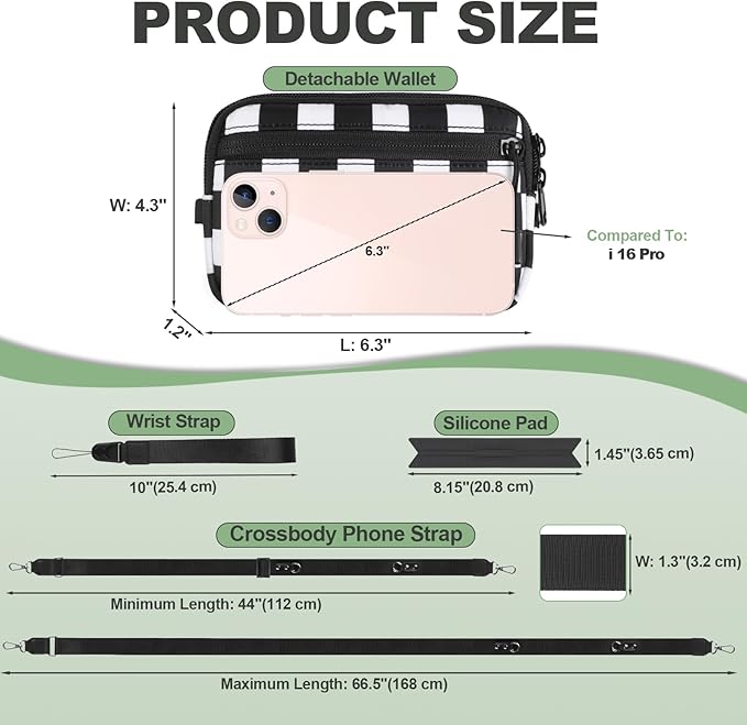 Clip and Go Strap for Phone with Wallet Crossbody, Adjustable Phone Lanyard with Detachable RFID Wristlet Wallet, Phone Strap with Phone Tabs for All Phones, Black Checkered (M)