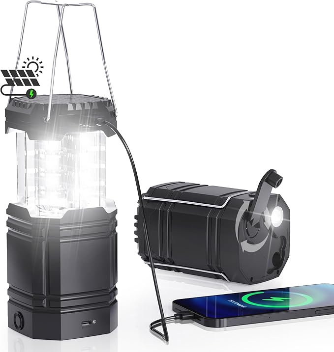 3000mAh Rechargeable Camping Lantern – Solar Powered, Hand Crank, USB-C Charging, Super Bright LED Flashlight & Tent Light, Portable Power Bank for Hurricane, Power Outages, Survival Kit