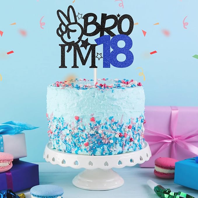 Bro I'm 18 Cake Topper, 18th Birthday Decorations for Boy, Glitter Funny 18th Birthday Cake Topper, Bro 18 Year Old Birthday Party Decoration Supplies