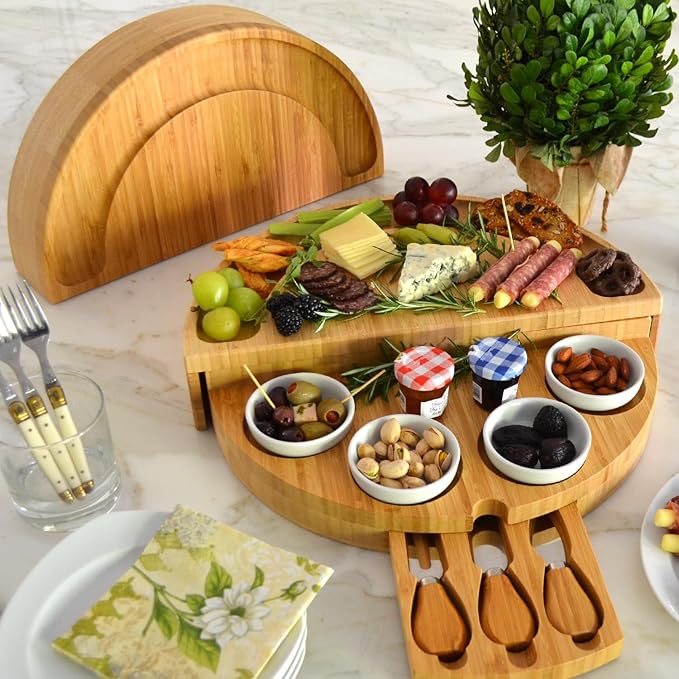 Picnic at Ascot Deluxe Bamboo Cheese/Charcuterie Board with Accessories & Cheese Markers - Innovative Patented Design - Quality Assured in The USA