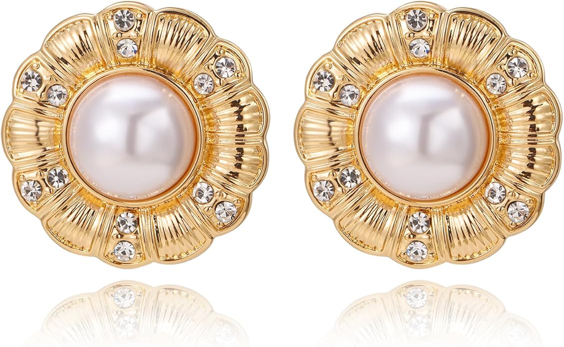 Statement Chunky Gold Earrings for Women,Crystal Rhinestone Accents Large Stud with Stone and Pearl