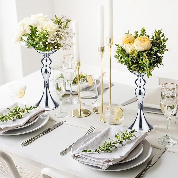 Sadnyy 16 Pcs Metal Flower Arrangements Stand Metal Wedding Centerpiece Stand Tall Table Decor Flower Vase for Wedding Reception Centerpieces Event Party Hotel Home Decor(12.6 Inch,Silver)