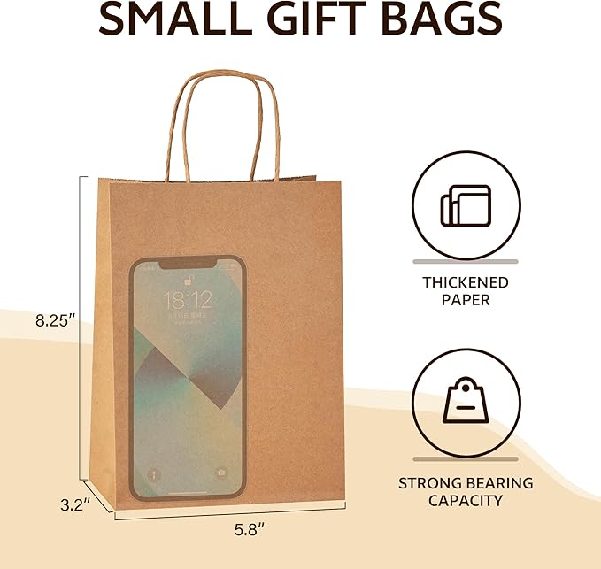 YEEHAW Brown Paper Bags with Handles Bulk 5.8"x3.2"x8.25" 100Pcs Gift Bags Small Size, Brown Gift Bag with Handles for Retail, Party, Shopping, Merchandise