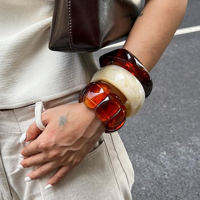 3 PCS Acrylic Resin Bracelet for Women Irregular Geometric Cuff Wide Wristband Bangles Trendy Chunky Resin Stackable Stretch Bracelet Jewelry Set